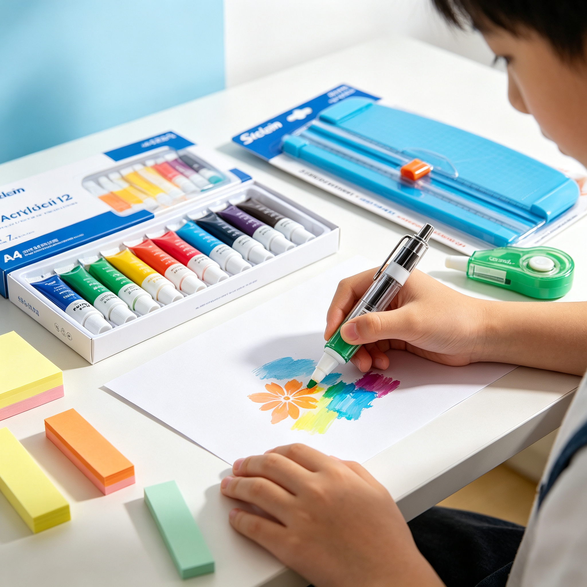 6 Piece School Stationery Set - Cutter, Acrylic Paint, Notes, and Correctors
