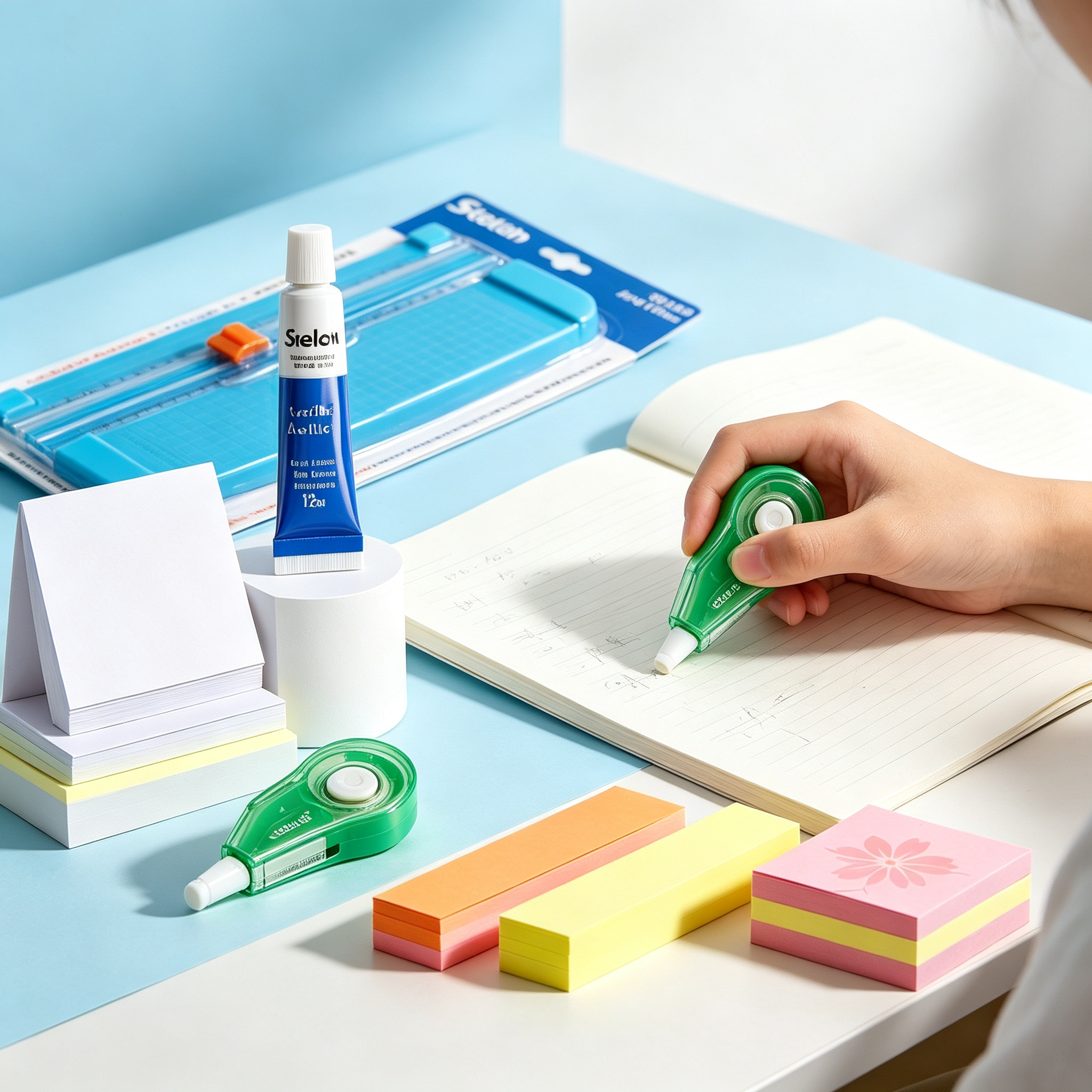 6 Piece School Stationery Set - Cutter, Acrylic Paint, Notes, and Correctors