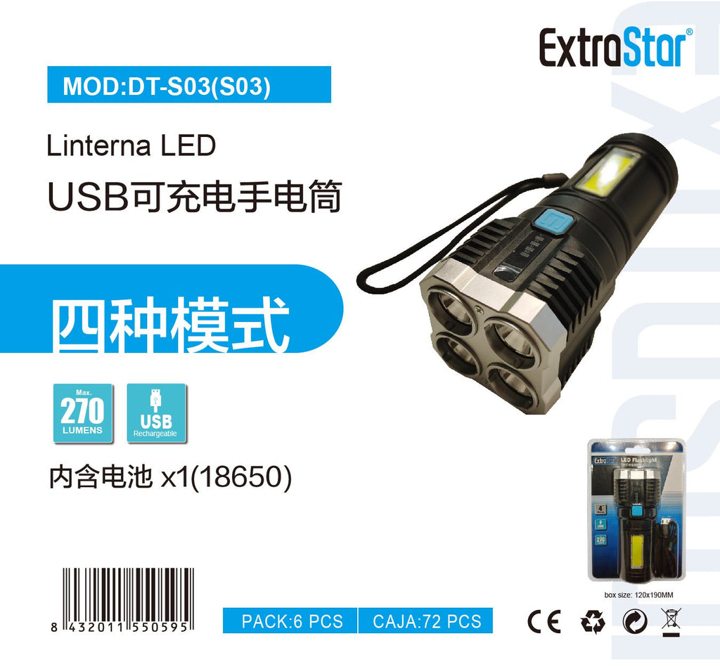 ExtroStar USB Rechargeable LED Flashlight, 270 Lumens product images and lifestyle scenes