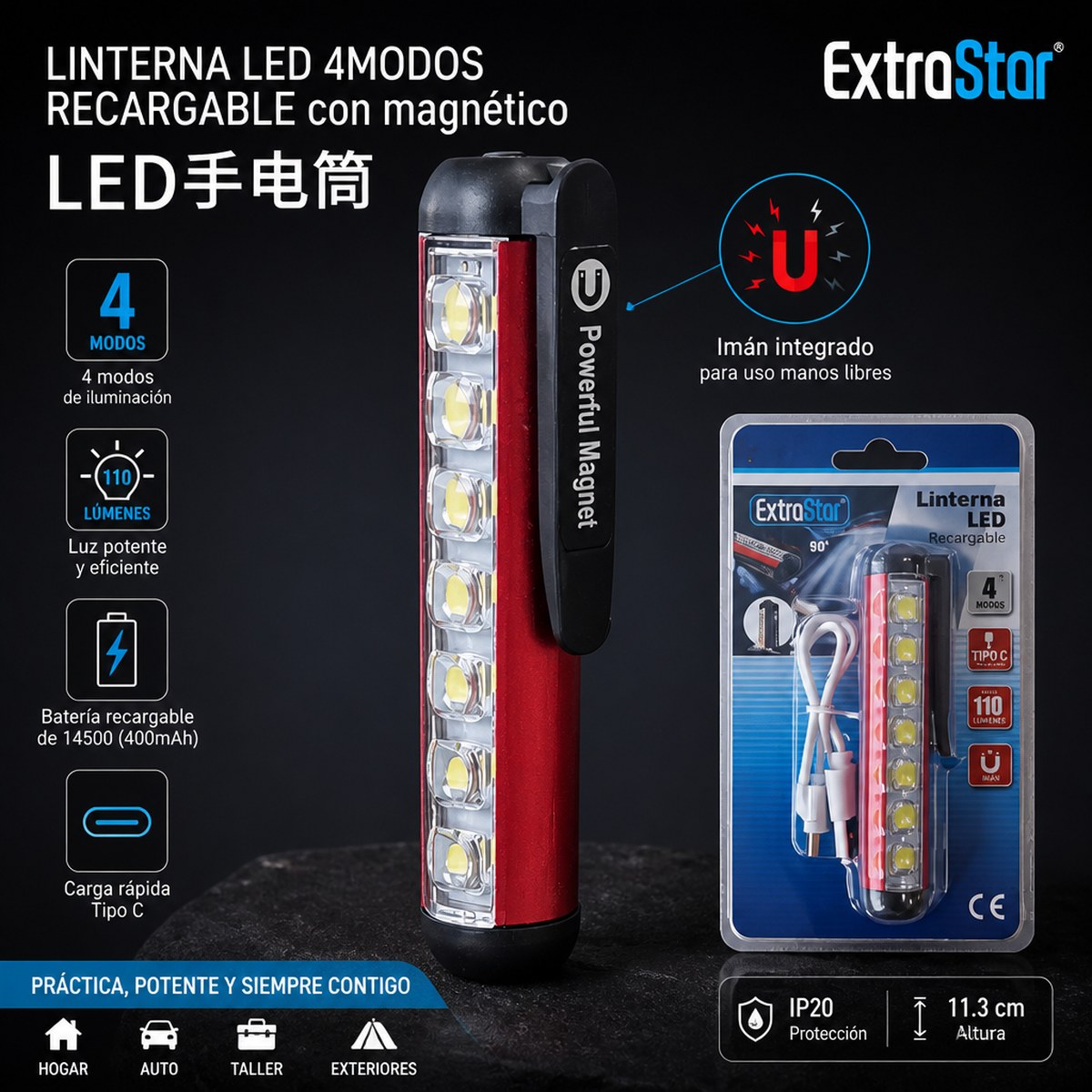 Linterna LED recargable magnética de 4 modos ExtroStar