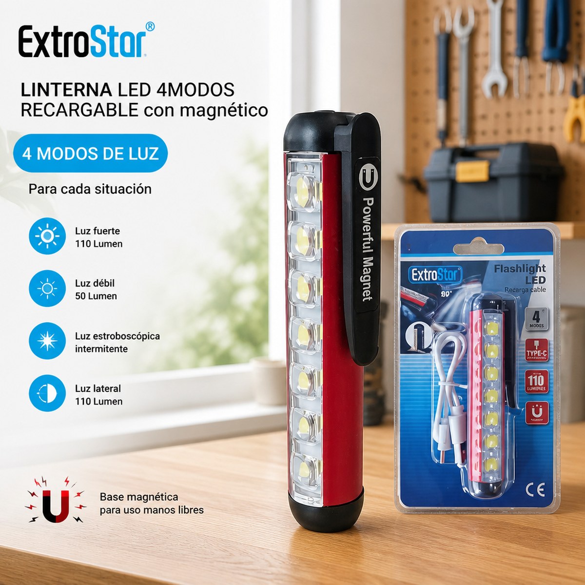Linterna LED recargable magnética de 4 modos ExtroStar