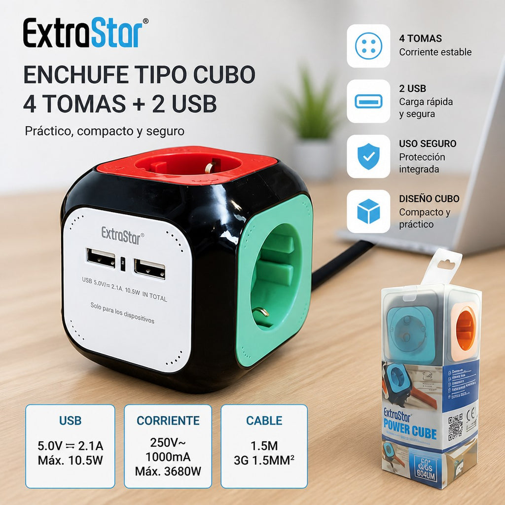 Toma de Poder Cubo 4 Tomas + 2 USB ExtraStar