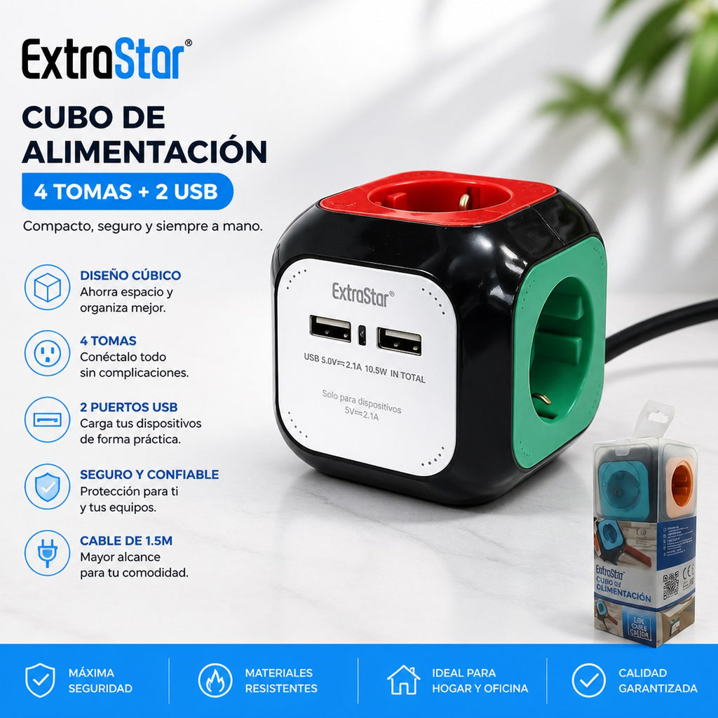Toma de Poder Cubo 4 Tomas + 2 USB ExtraStar