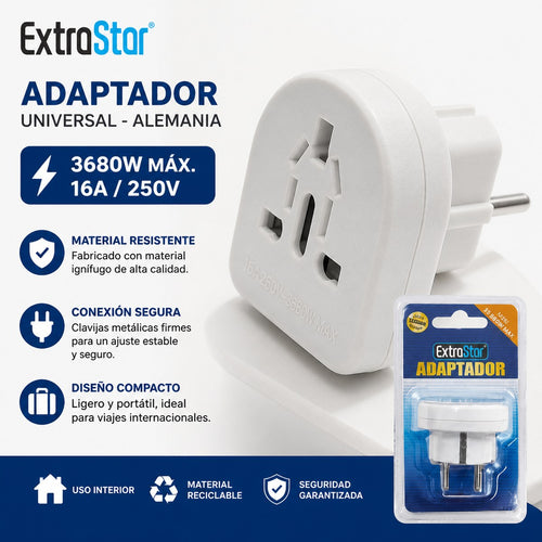 Universal Adapter to German Plug | 16A / 250V / 3680W | Travel and Home | Indoor Use Only