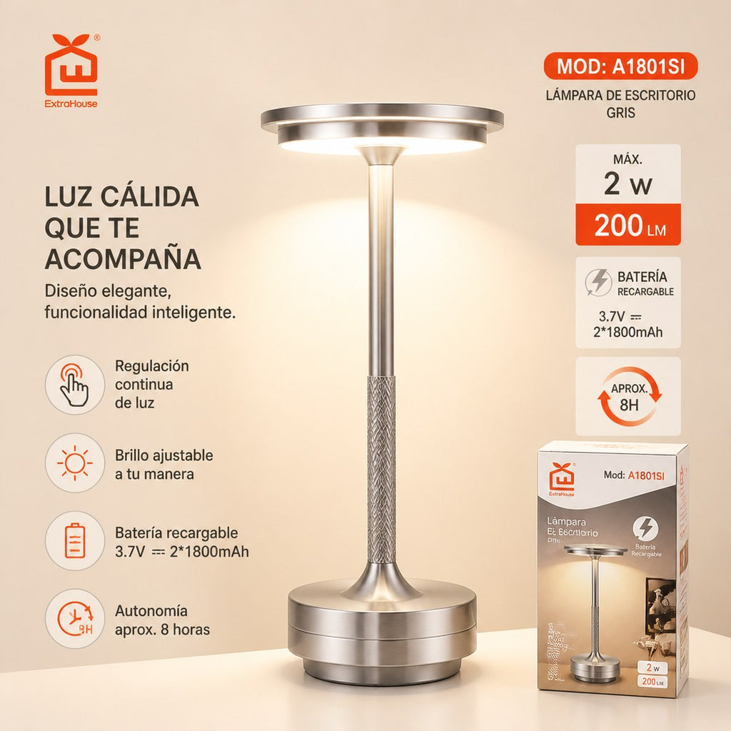 Rechargeable Dimmable LED Desk Lamp - Silver