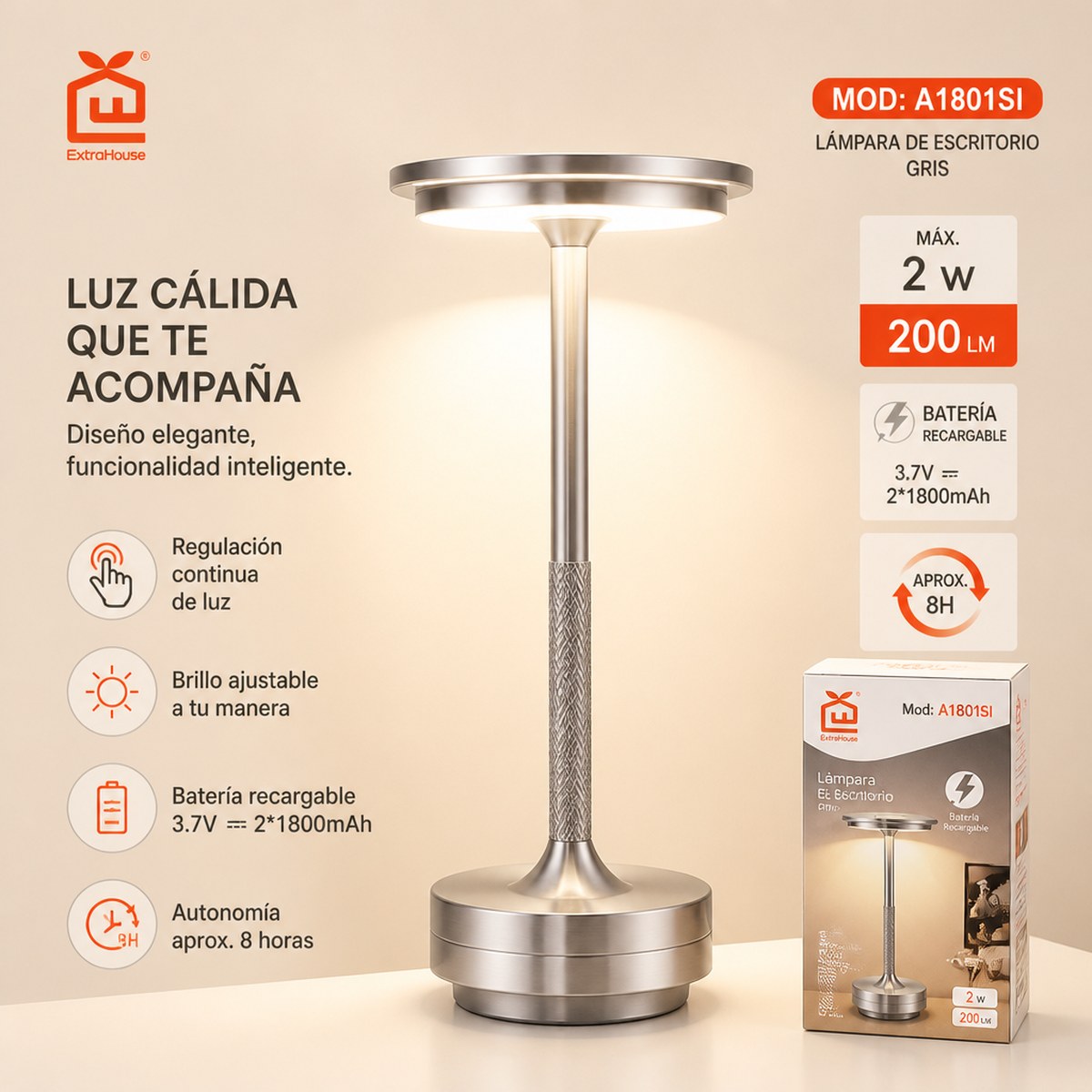Rechargeable Dimmable LED Desk Lamp - Silver