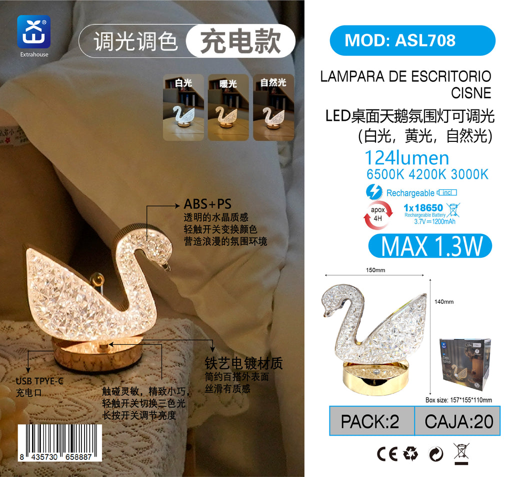 Extrahouse Swan Crystal LED Table Lamp, 3-Color Touch Dimmable product images and lifestyle scenes