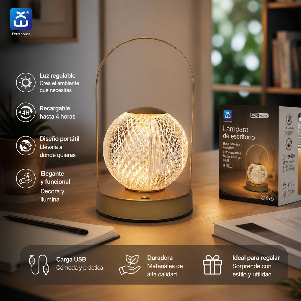 Extrahouse Retro Crystal Ball LED Table Lamp with Metal Handle
