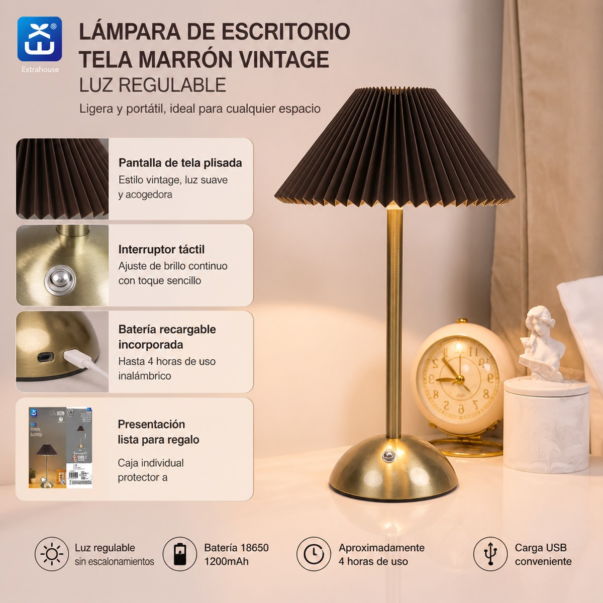 Vintage Pleated Rechargeable Desk Lamp - Brown