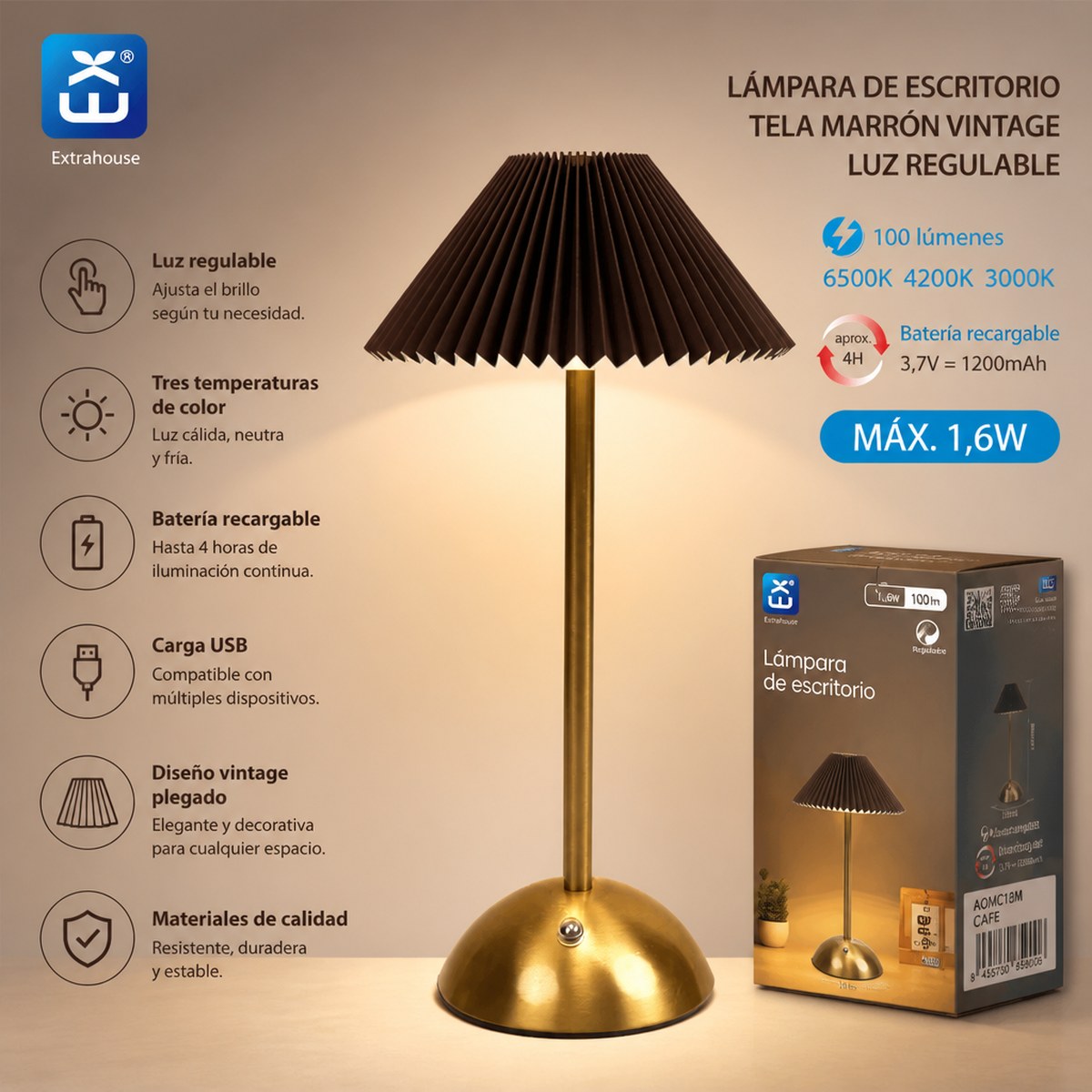 Vintage Pleated Rechargeable Desk Lamp - Brown