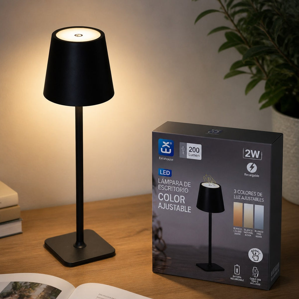 Black Rechargeable LED Desk Lamp with Adjustable Color Temperature