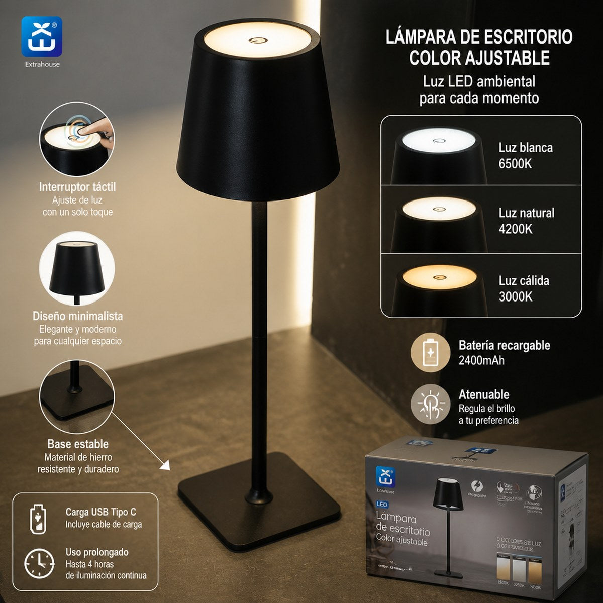 Black Rechargeable LED Desk Lamp with Adjustable Color Temperature