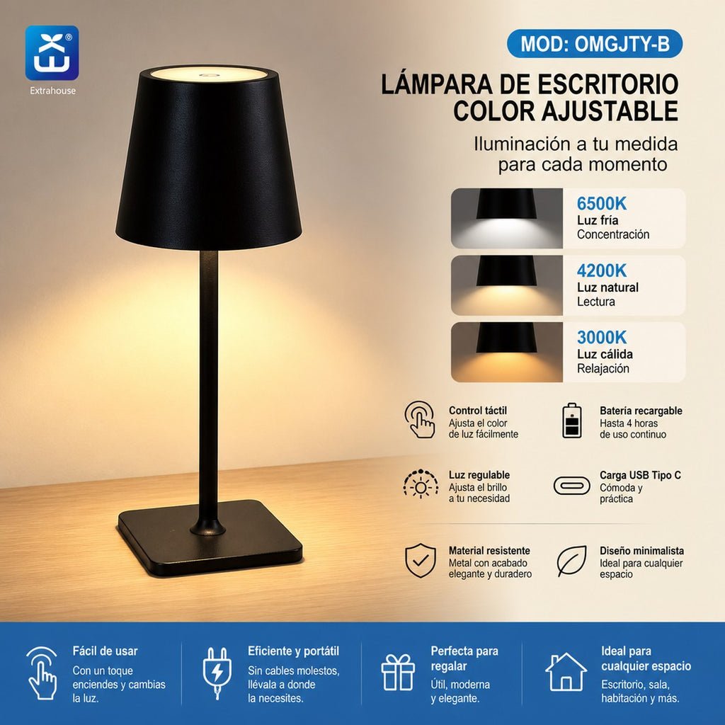Black Rechargeable LED Desk Lamp with Adjustable Color Temperature