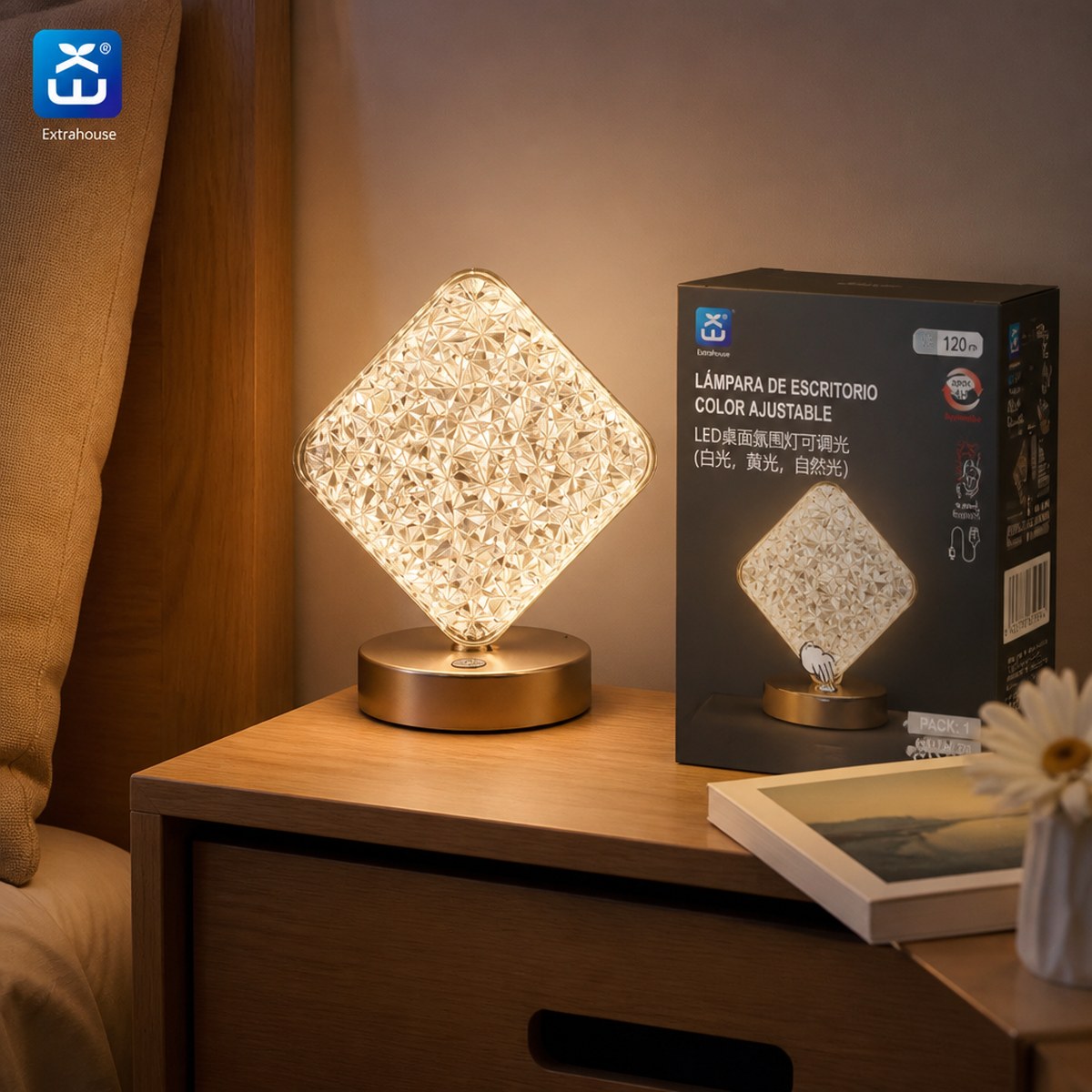 Extrahouse Square Crystal LED Table Lamp, 3-Color Touch Dimmable