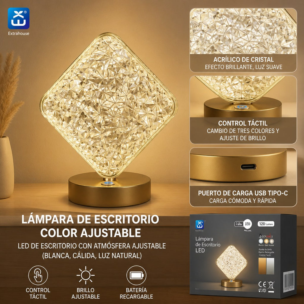 Extrahouse Square Crystal LED Table Lamp, 3-Color Touch Dimmable