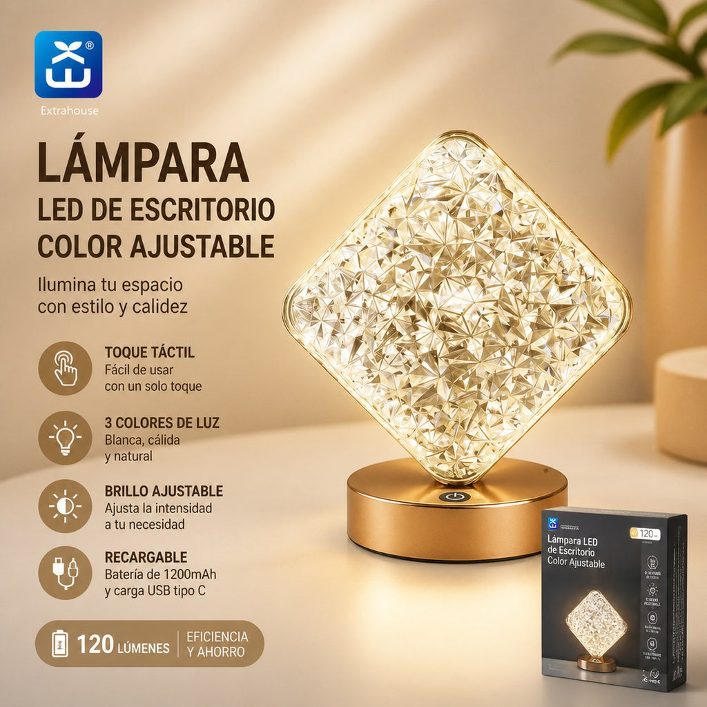 Extrahouse Square Crystal LED Table Lamp, 3-Color Touch Dimmable