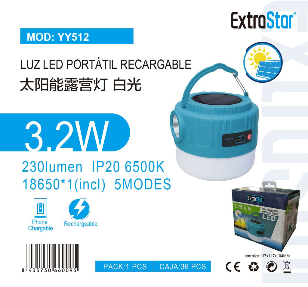ExtroStar Solar Rechargeable Portable LED Camping Lantern product images and lifestyle scenes