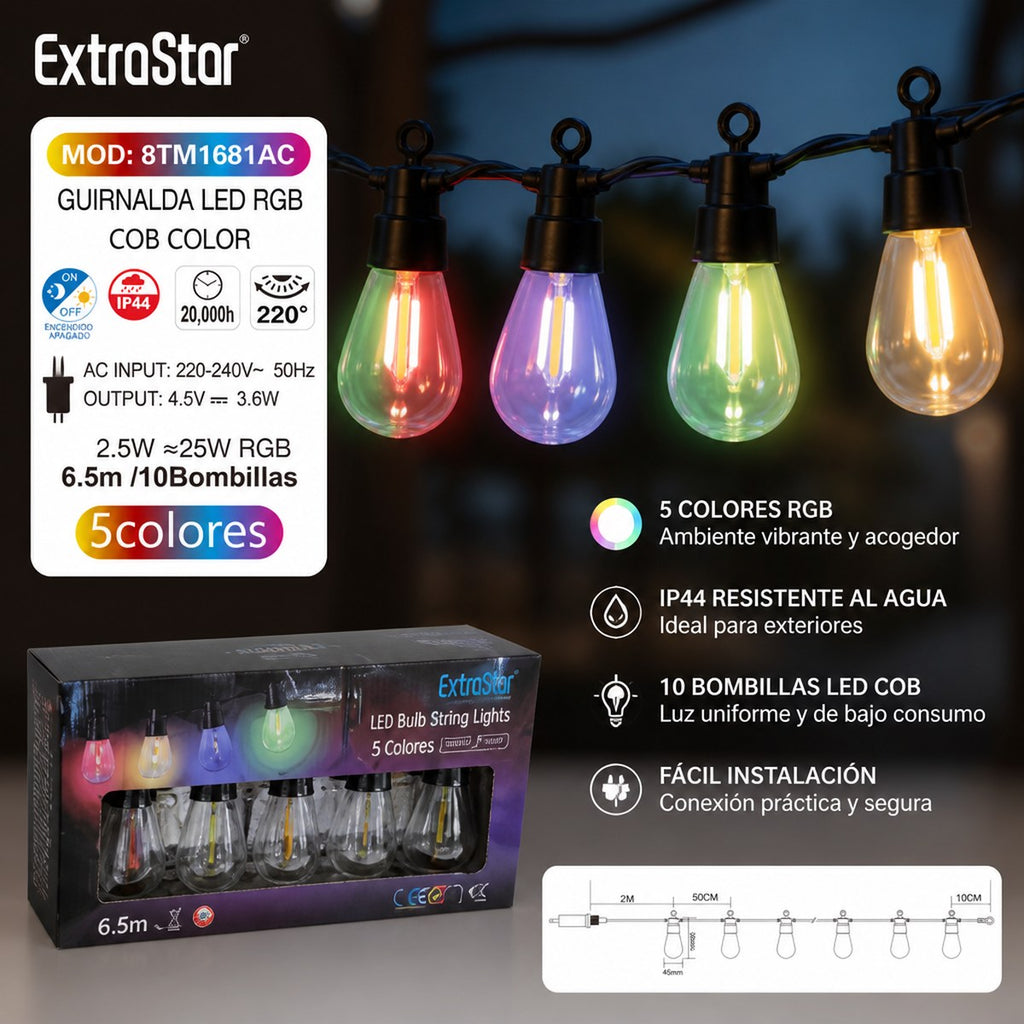 Guirnalda LED RGB ExtraStar, 6.5m, 10 Bombillas