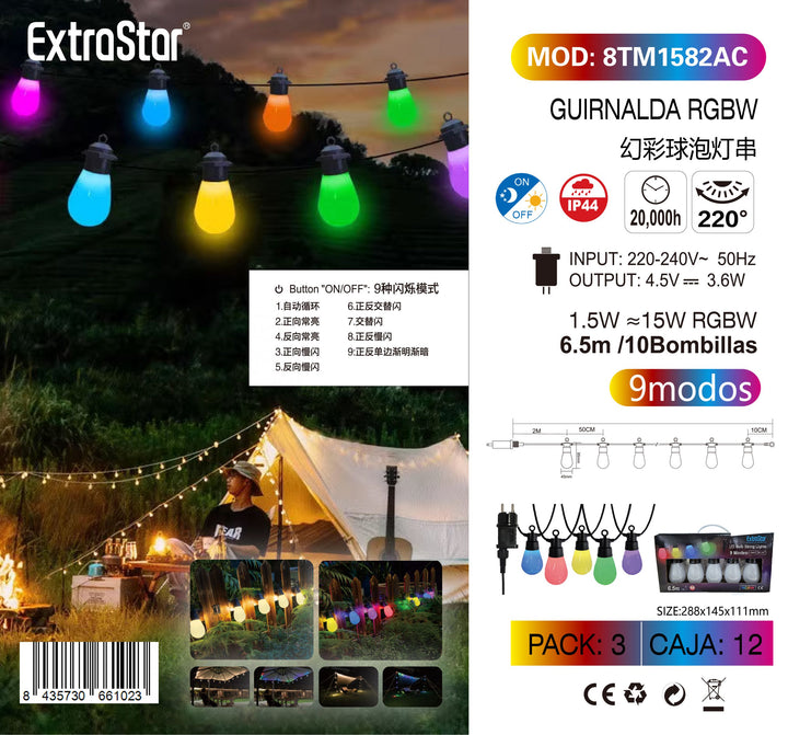 ExtraStar RGBW LED String Lights, 6.5m, 10 Bulbs, 9 Modes product images and lifestyle scenes