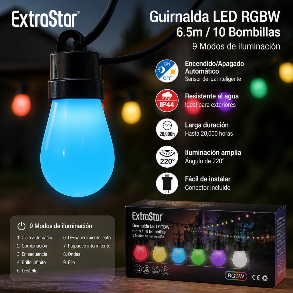 Guirnalda LED RGBW ExtraStar, 6.5m, 10 Bombillas