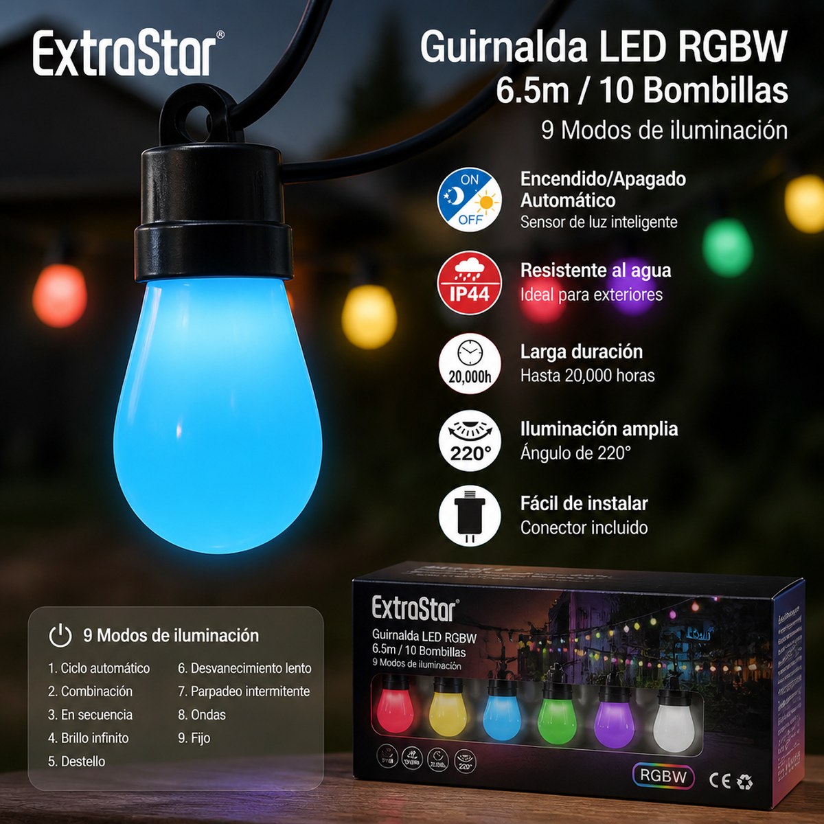 Guirnalda LED RGBW ExtraStar, 6.5m, 10 Bombillas