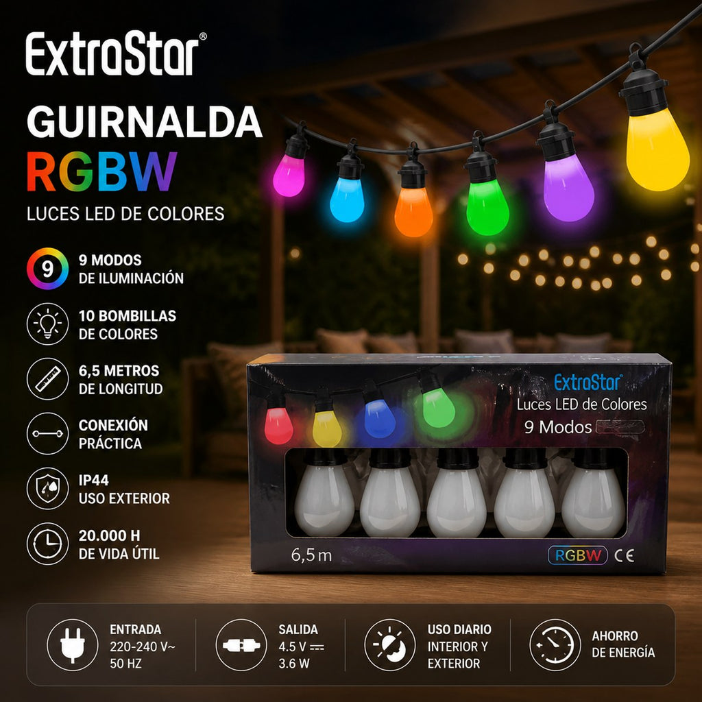 Guirnalda LED RGBW ExtraStar, 6.5m, 10 Bombillas