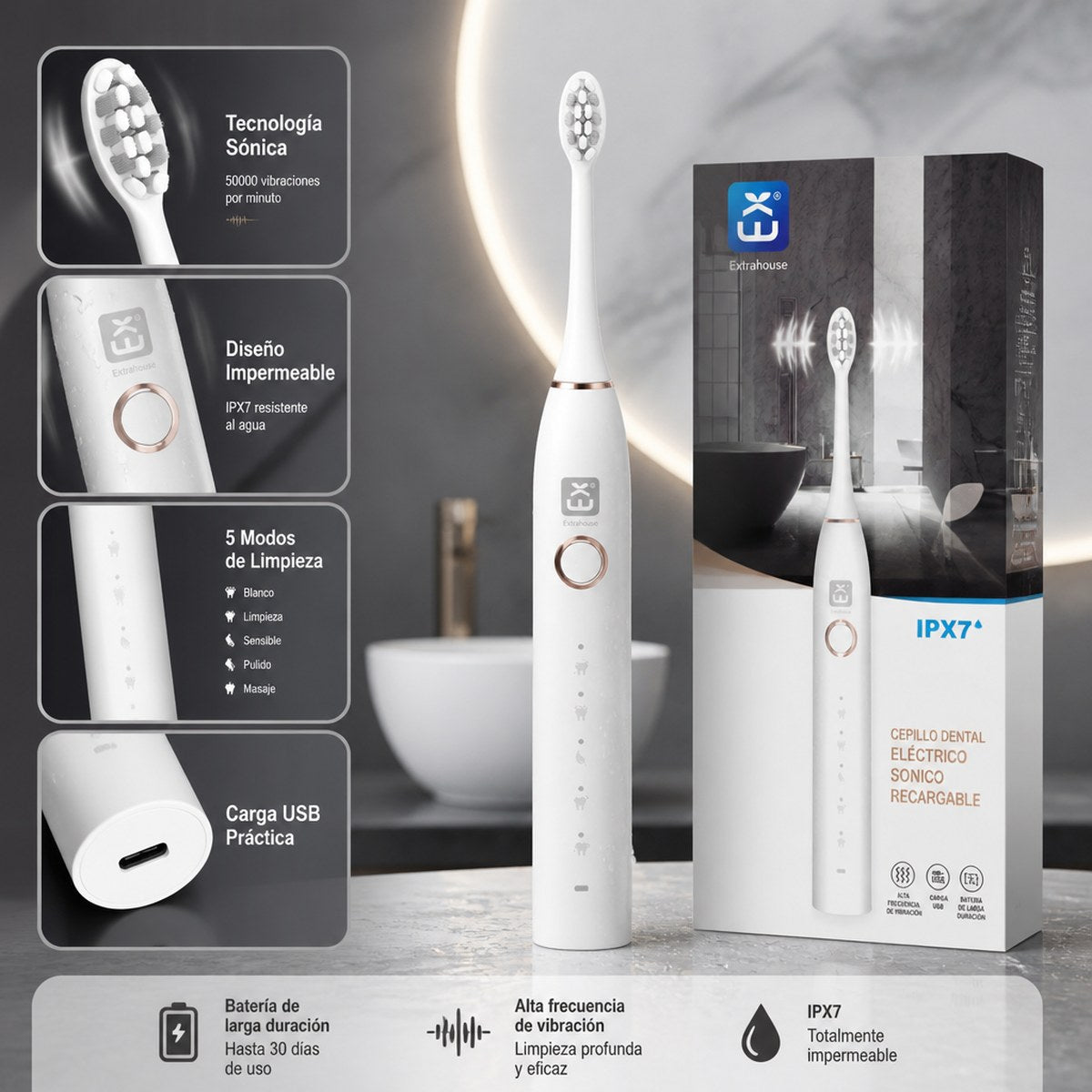 Cepillo Dental Eléctrico Sónico con Carga USB y 5 Modos