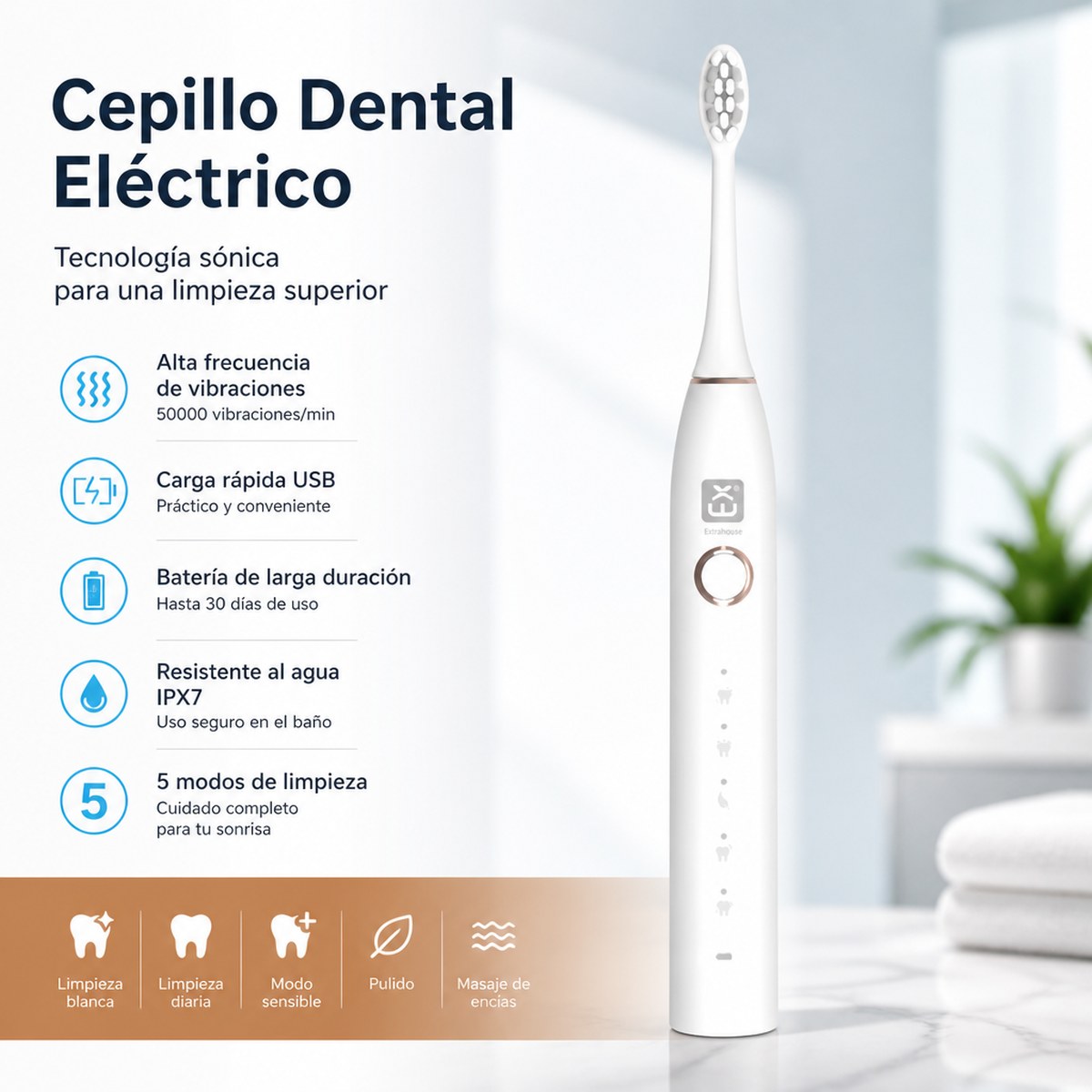 Cepillo Dental Eléctrico Sónico con Carga USB y 5 Modos