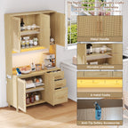 Antecabina de cocina de 183 cm, bufet, luces de decoración LED controladas por app, 2 x USB, 2 x enchufes, tableros de empotramiento ajustables, 3 cajones, asas de metal doradas, ideal para cocinas y comedores.