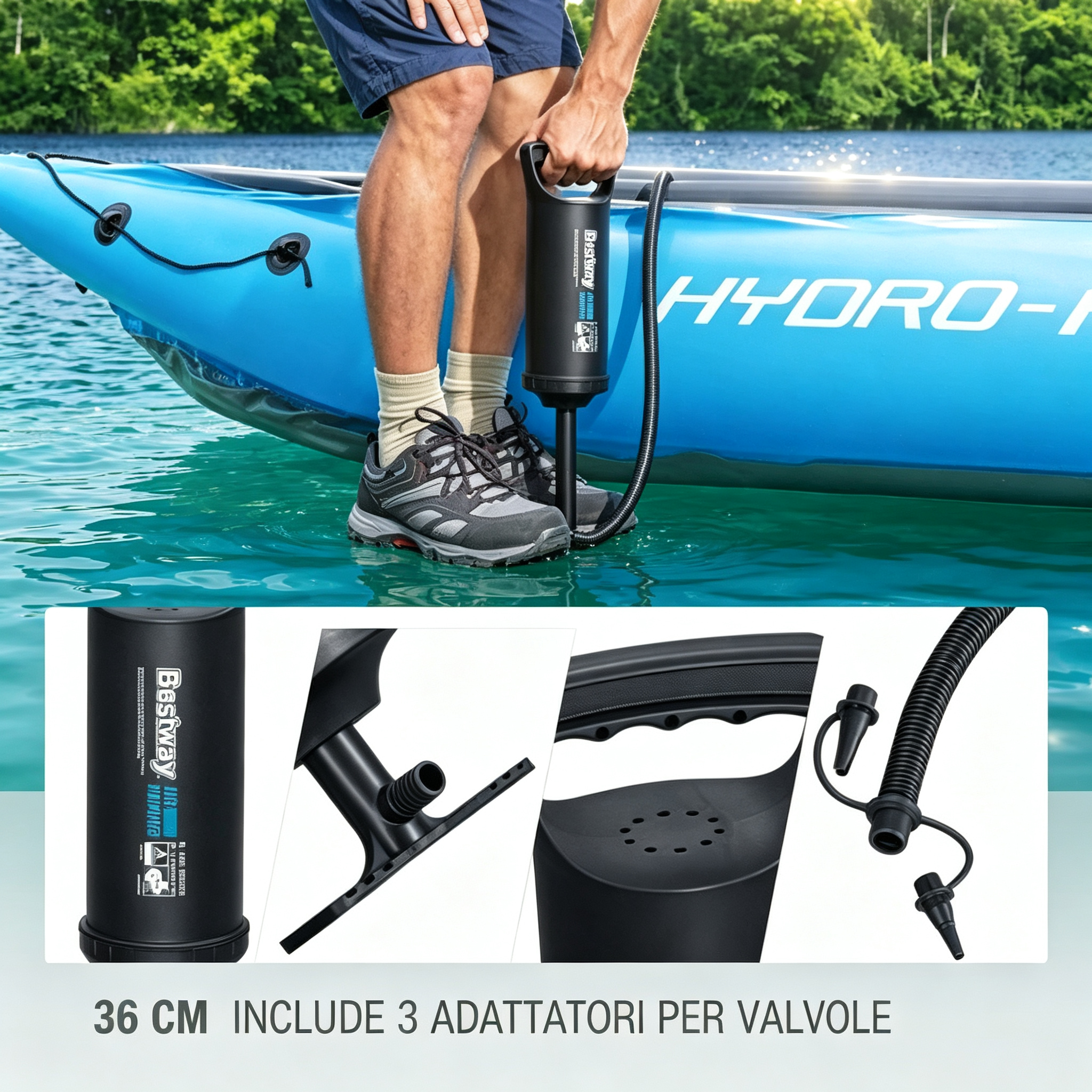 Bestway Hydro-Force Bomba de Mano Manual 36 cm | Kayak, SUP y Productos Inflables | 3 Adaptadores de Válvula