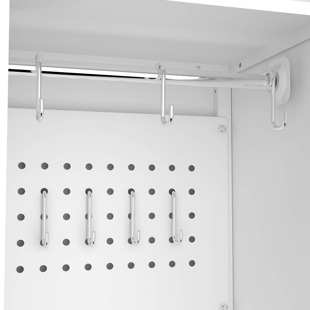 Gabinet de almacenamiento para herramientas de limpieza de 65" de color blanco con puertas con cerradura, estantes, varilla de colgado y anzuelos S