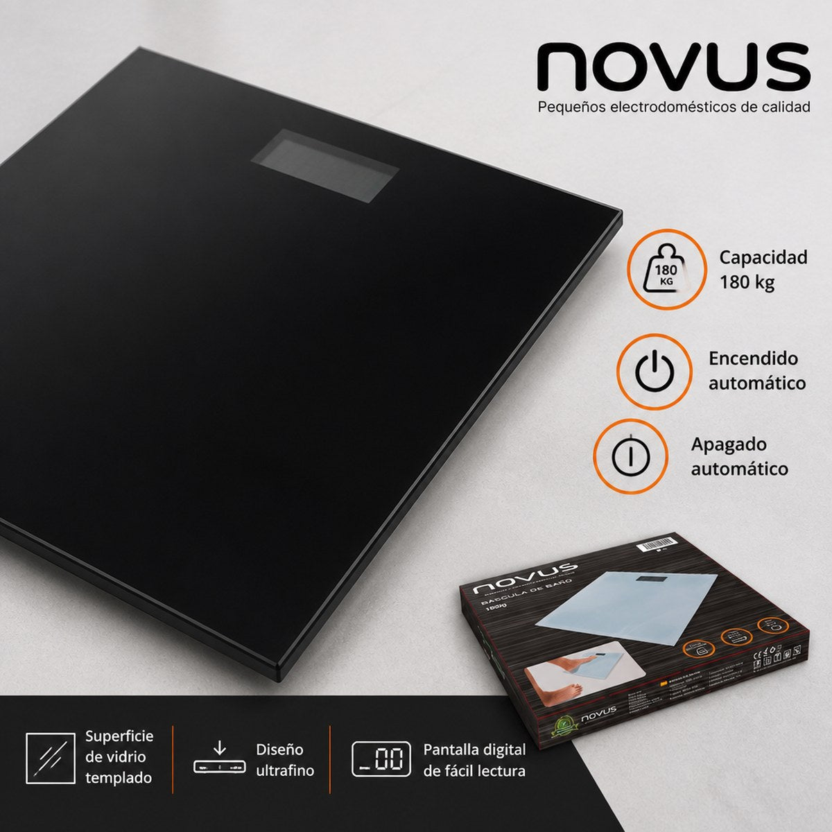 Balanza de baño digital Novus con capacidad de 180 kg