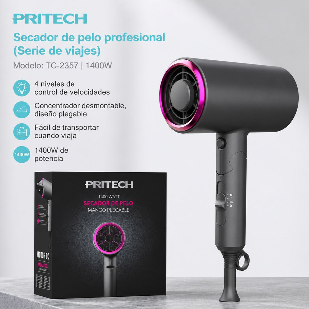 Secador de Pelo PRITECH TC-2357 de 1400W con Mango Plegable