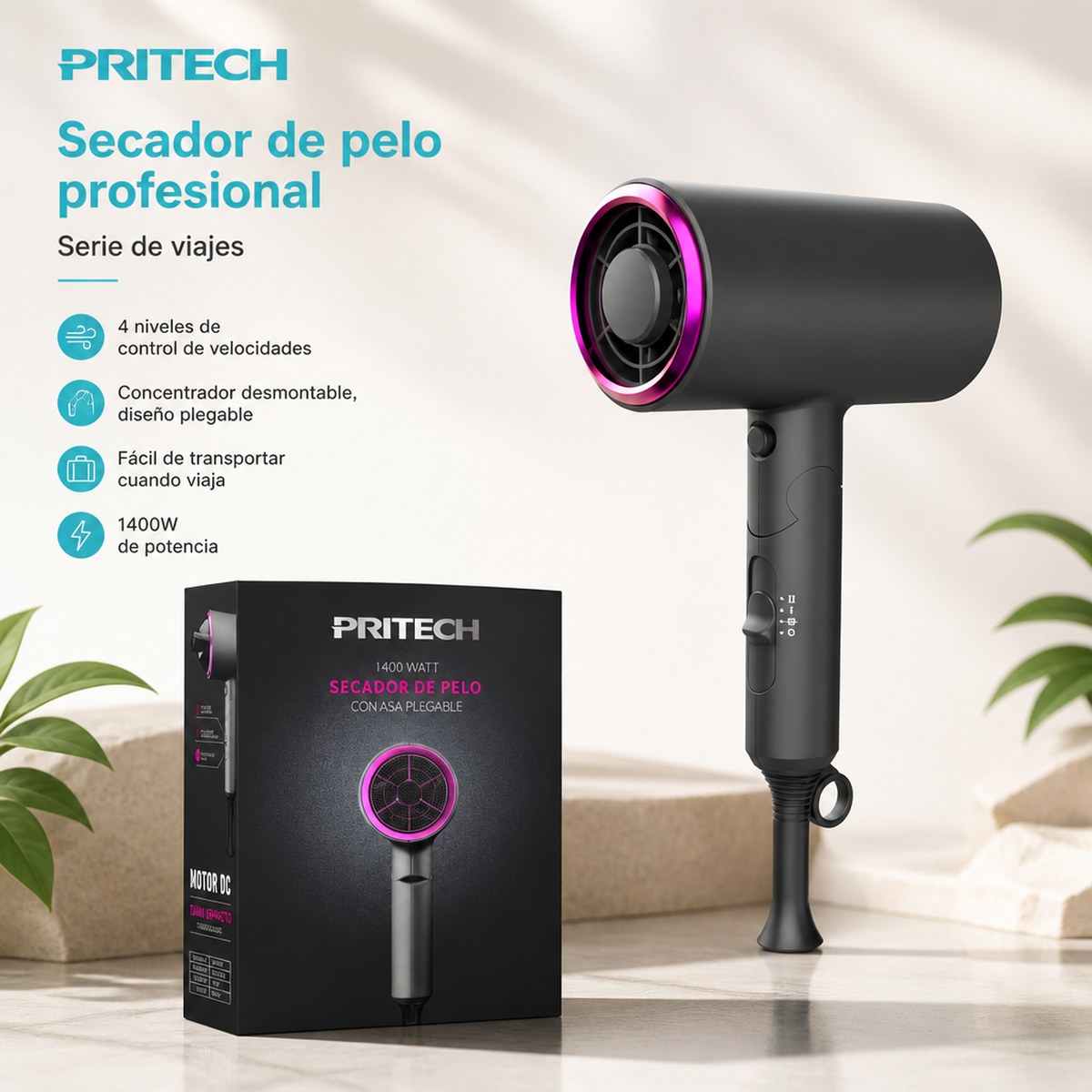 Secador de Pelo PRITECH TC-2357 de 1400W con Mango Plegable