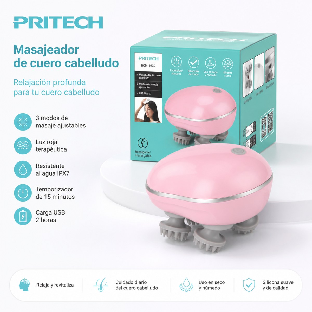 Masajeador de cuero cabelludo eléctrico rojo PRITECH