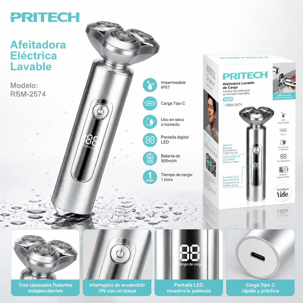 Pritech RSM-2574 Washable Electric Shaver | 3 Floating Heads | Digital Display | Aluminum