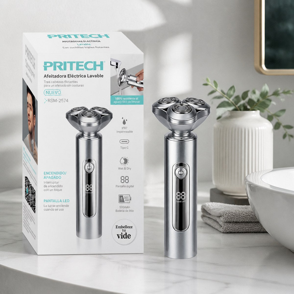 Pritech RSM-2574 Washable Electric Shaver | 3 Floating Heads | Digital Display | Aluminum