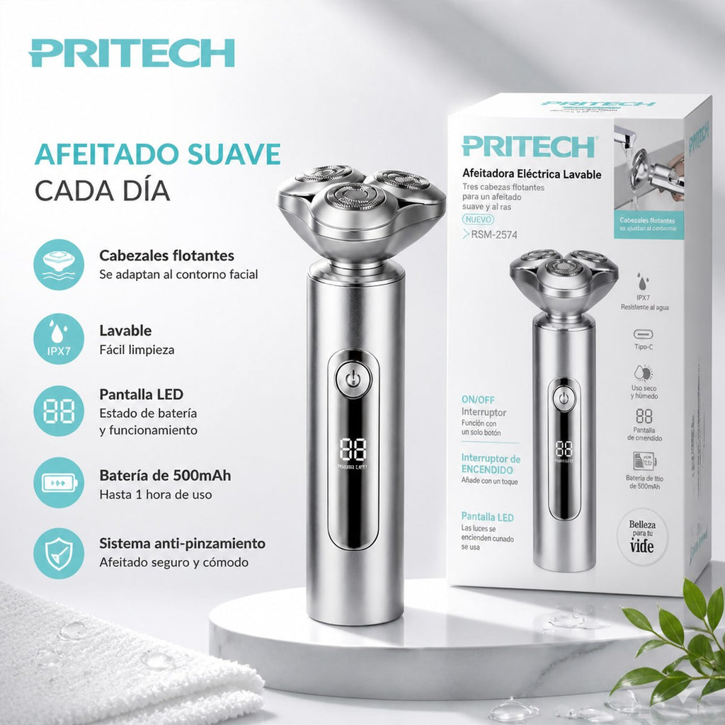 Pritech RSM-2574 Washable Electric Shaver | 3 Floating Heads | Digital Display | Aluminum