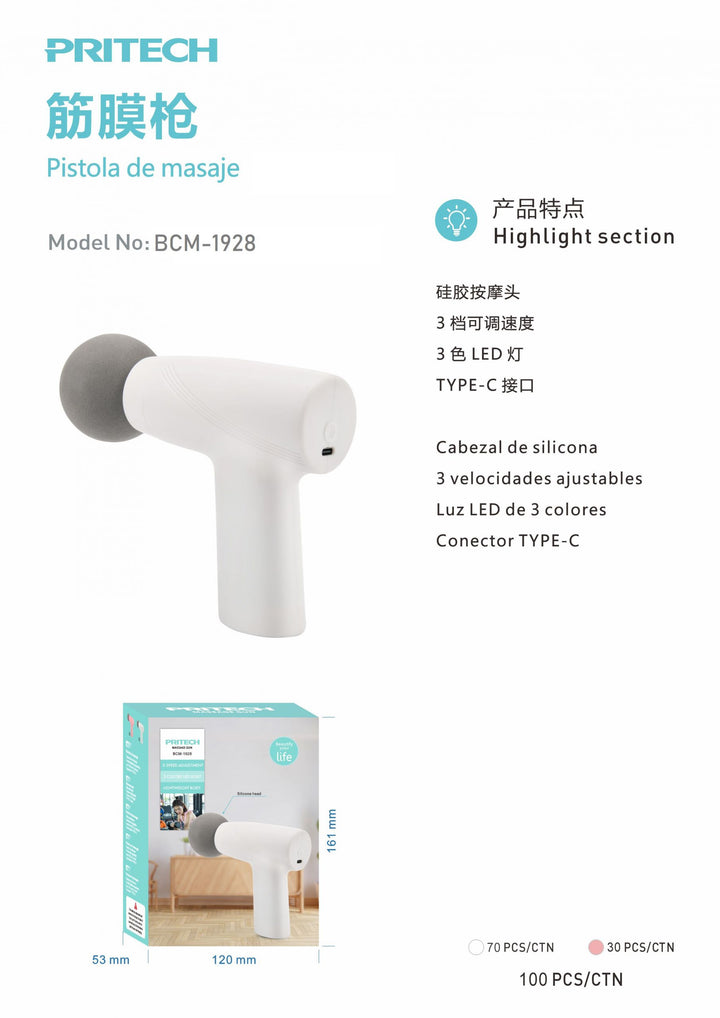 PRITECH BCM-1928 Portable Massage Gun with Silicone Head product images and lifestyle scenes