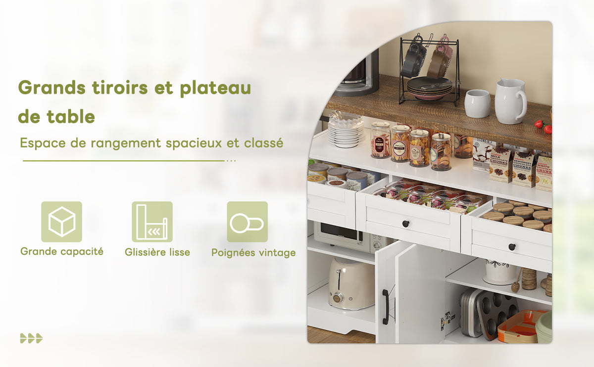 Buffet de 140 cm con espacio de almacenamiento, barra de café con 3 cajones, consola en estilo rústico con puertas, armarios con tablones de empotramiento, adecuado para la cocina, el salón, el vestíbulo, estilo rústico blanco/marrón