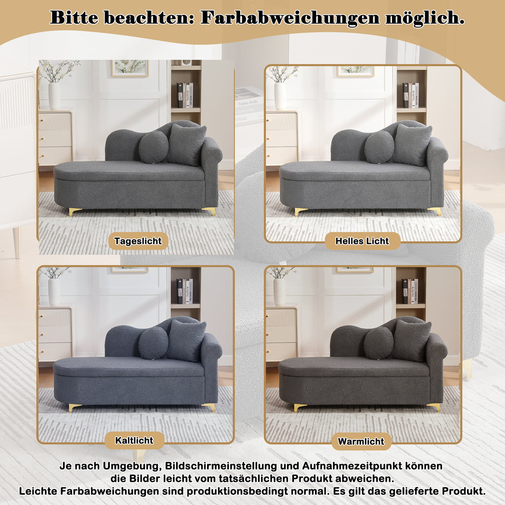Chaiselongue multifuncional con espacio de almacenamiento, 134 cm, diseño moderno, respaldo ondulado, tela con aspecto de piel de cordero, cojines altamente densos, incluye cojín lumbar + cojín de cuello