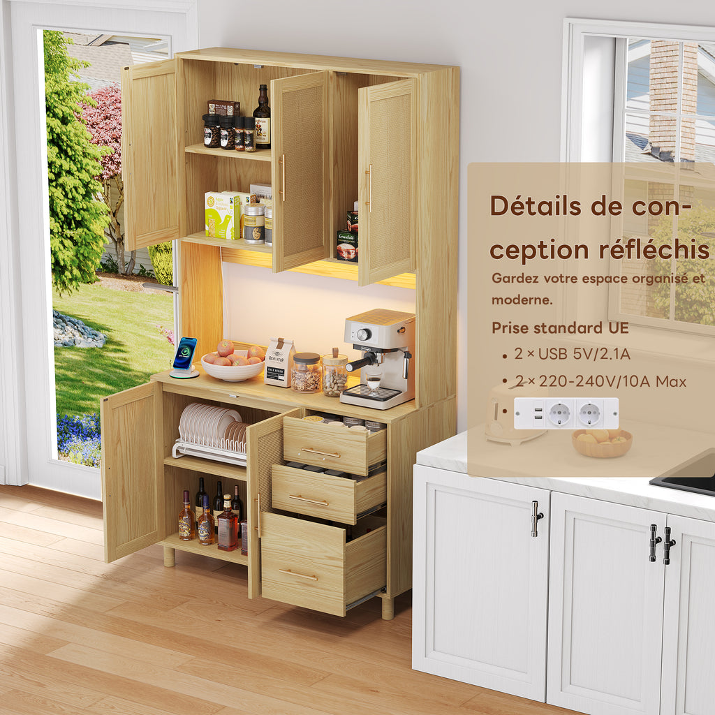 Antecabina de cocina de 183 cm, bufet, luces de decoración LED controladas por app, 2 x USB, 2 x enchufes, tableros de empotramiento ajustables, 3 cajones, asas de metal doradas, ideal para cocinas y comedores.