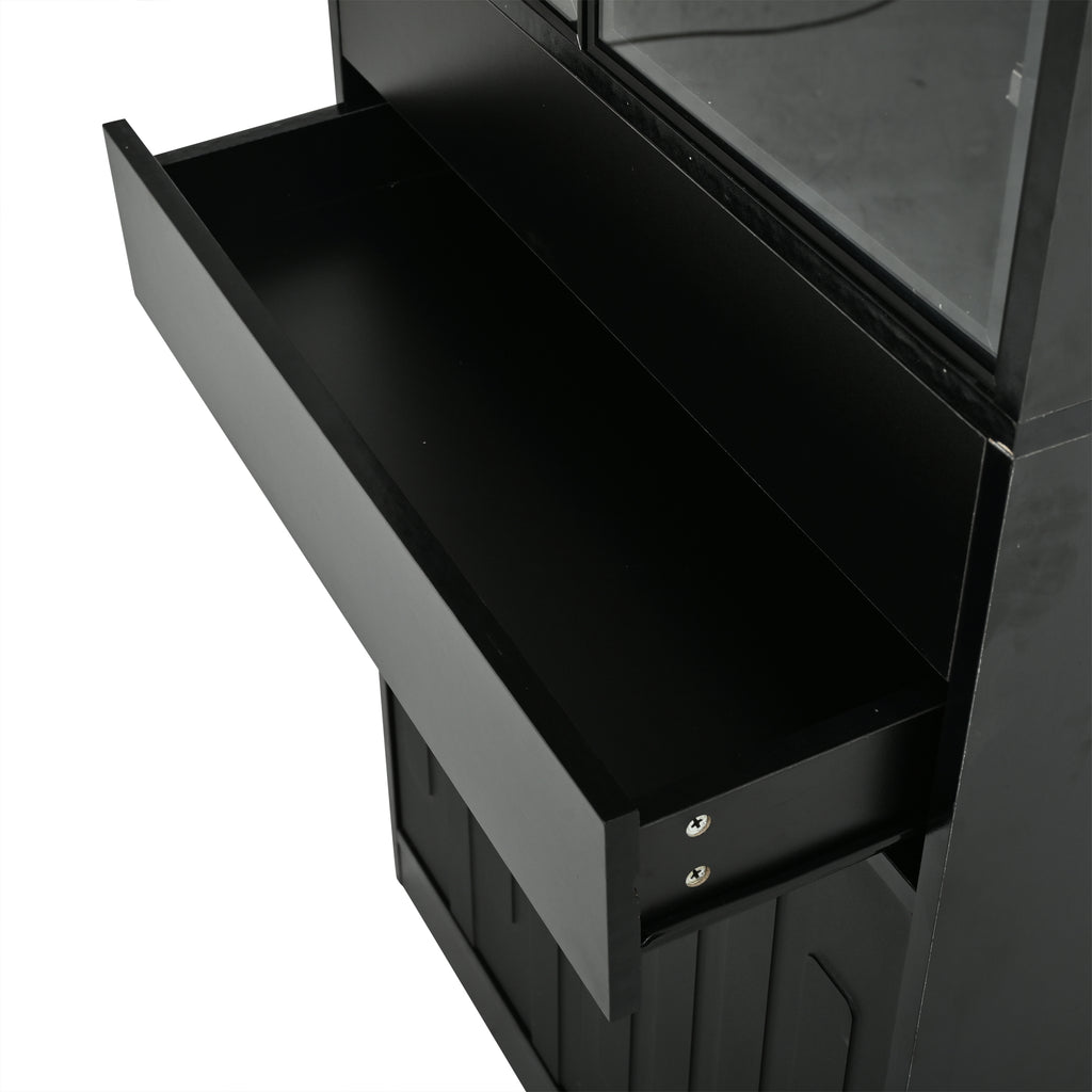 Vitrina LED de 70×34×180cm con 2 cajones, armario alto con puertas de vitrina, armario de salón con LED, armario para el salón, cocina, oficina, entrada, negro