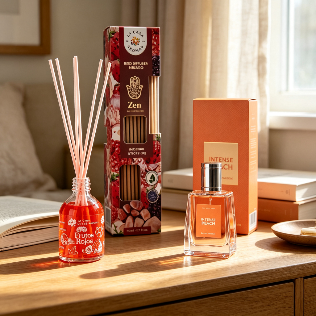 Home Fragrance Set - Red Berries Mikado + Zen Incense + Intense Peach Eau de Parfum