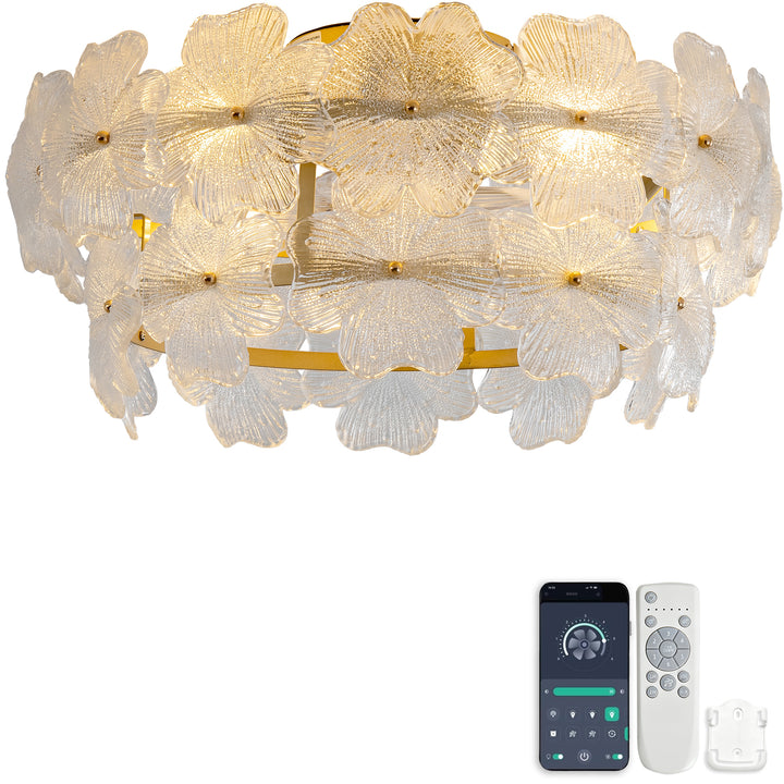Ventilador de techo de 20 pulgadas con cubierta de cristal de vidrio, alas de ABS, motor de corriente directa silencioso y eficiente en energía, 6 ajustes de velocidad, funciones de avance y retroceso, soporte para operación con app y control remoto
