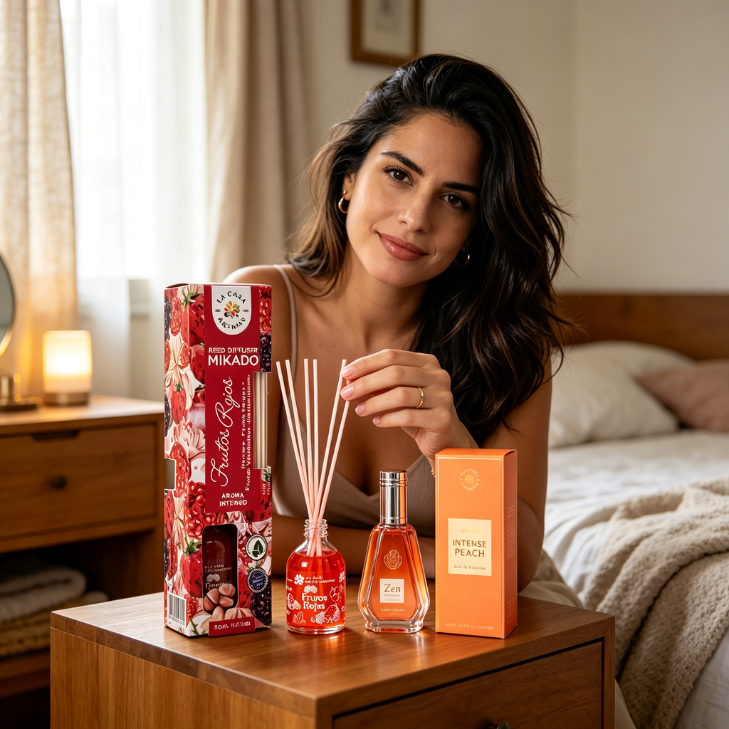 Home Fragrance Set - Red Berries Mikado + Zen Incense + Intense Peach Eau de Parfum