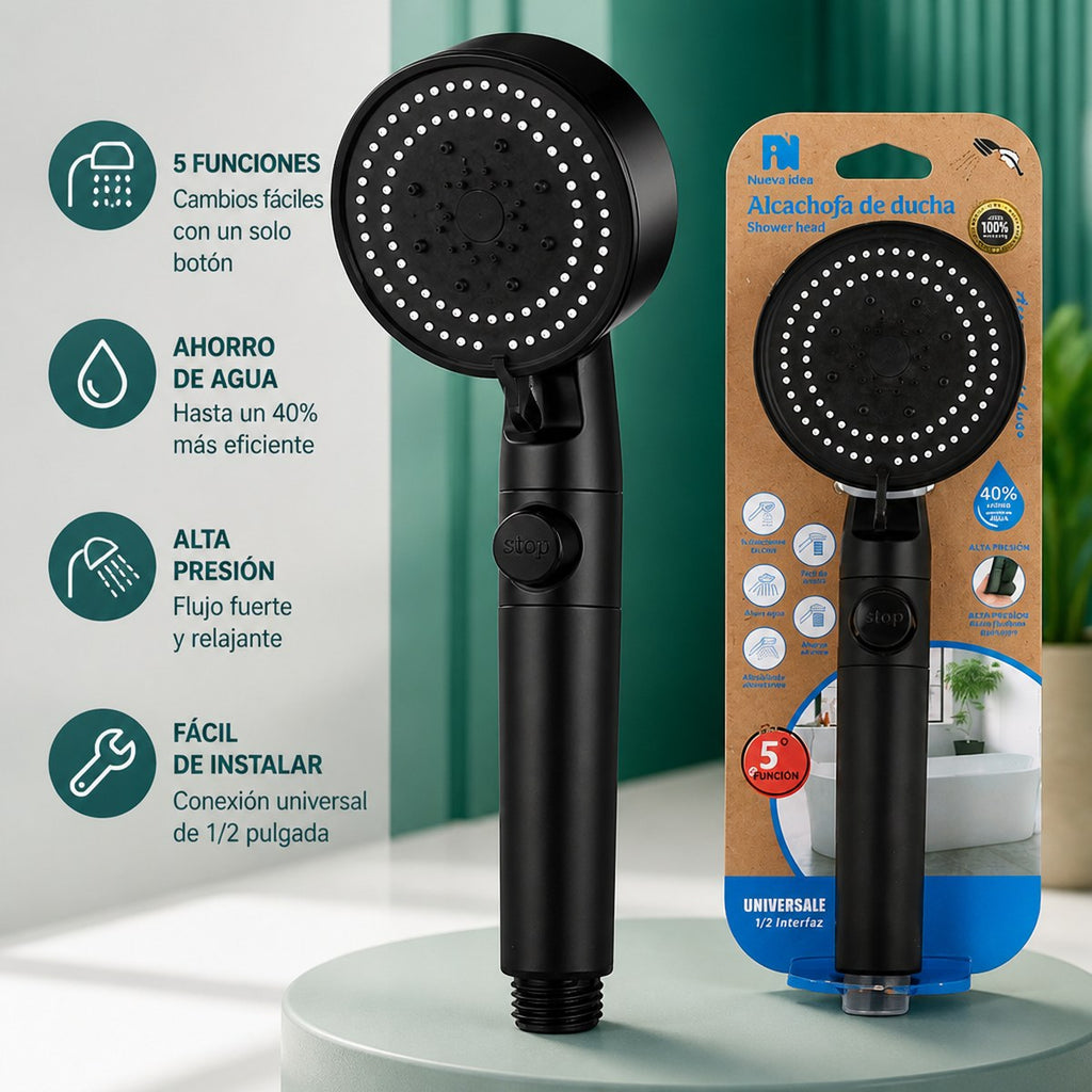 New Idea Shower Head | 5 Modes | High Pressure | Black | 25.5 cm