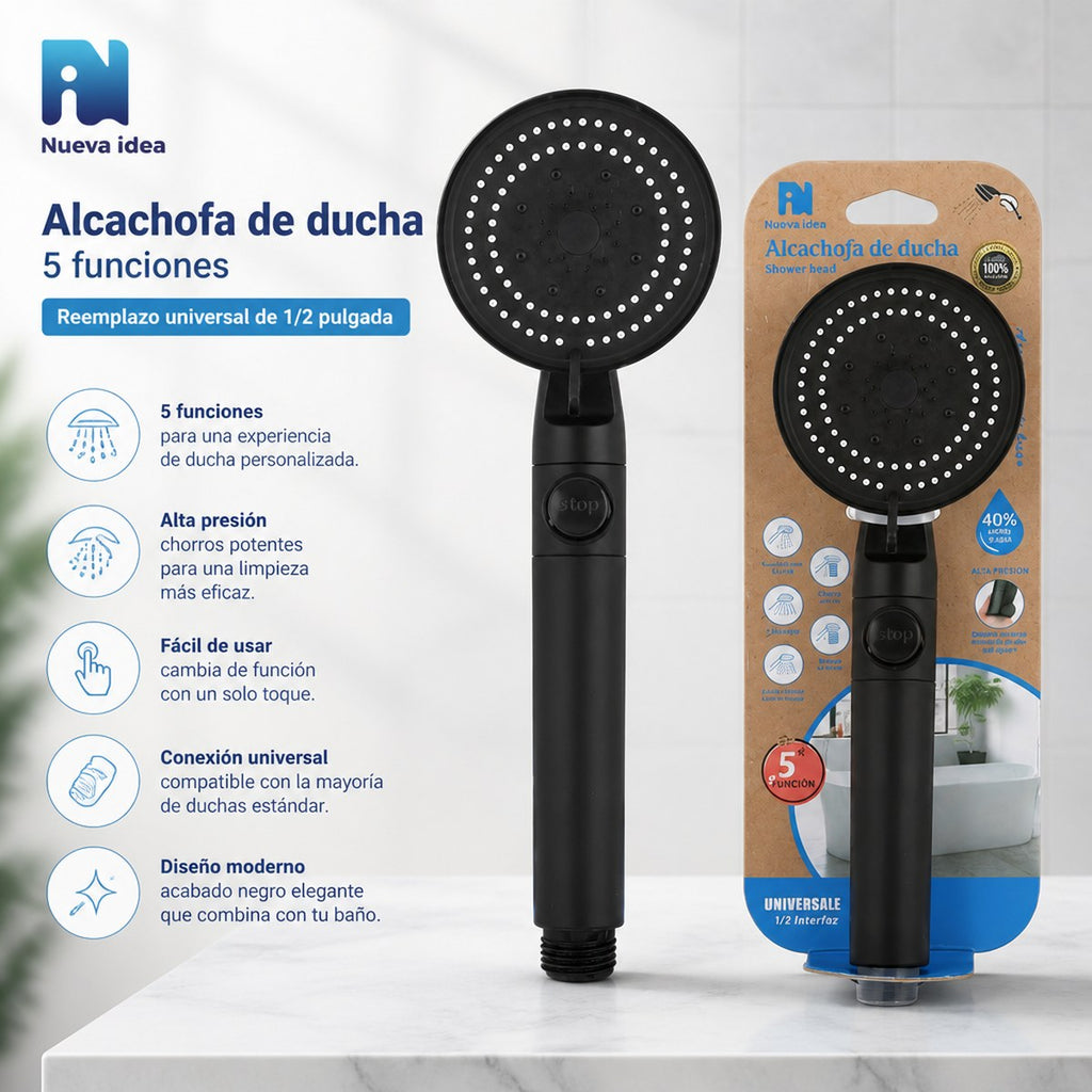 New Idea Shower Head | 5 Modes | High Pressure | Black | 25.5 cm