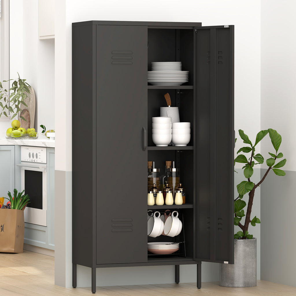 Gabinet de almacenamiento metálico alto negro con 2 puertas y estantes ajustables, gabinete multifuncional para oficina, cuarto de utilidades y garaje