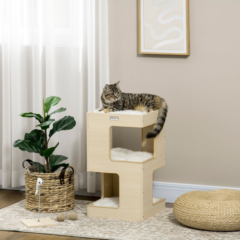 Tonera para gato, casa para gato, 2 niveles, incluye juguete, 34 cm x 34 cm x 60 cm, Natural + Gris claro